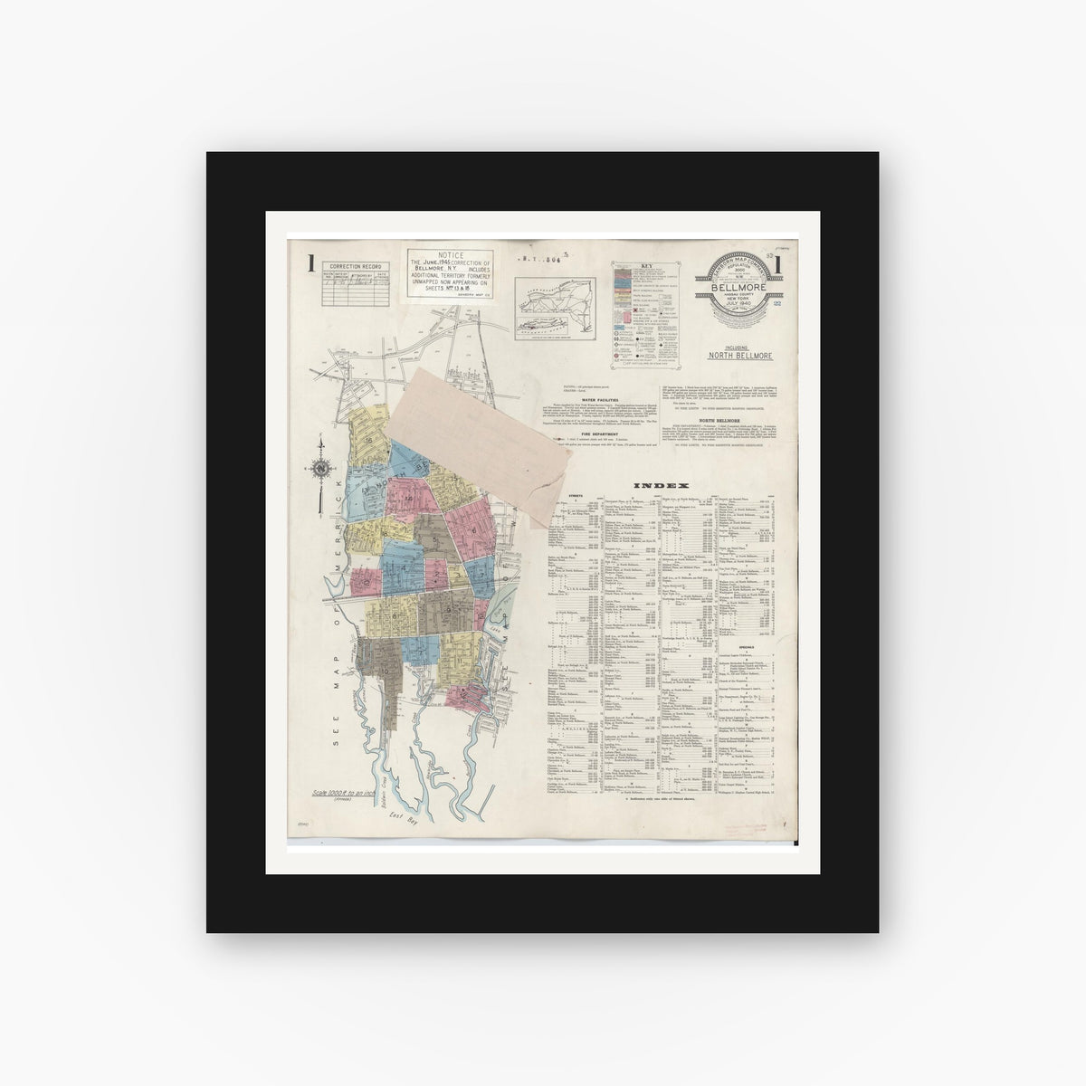 Old map wall art mockup — black gallery frame with white mat — Sanborn Fire Insurance Map from Bellmore, Nassau County, New York (1945) - Complete Map Set