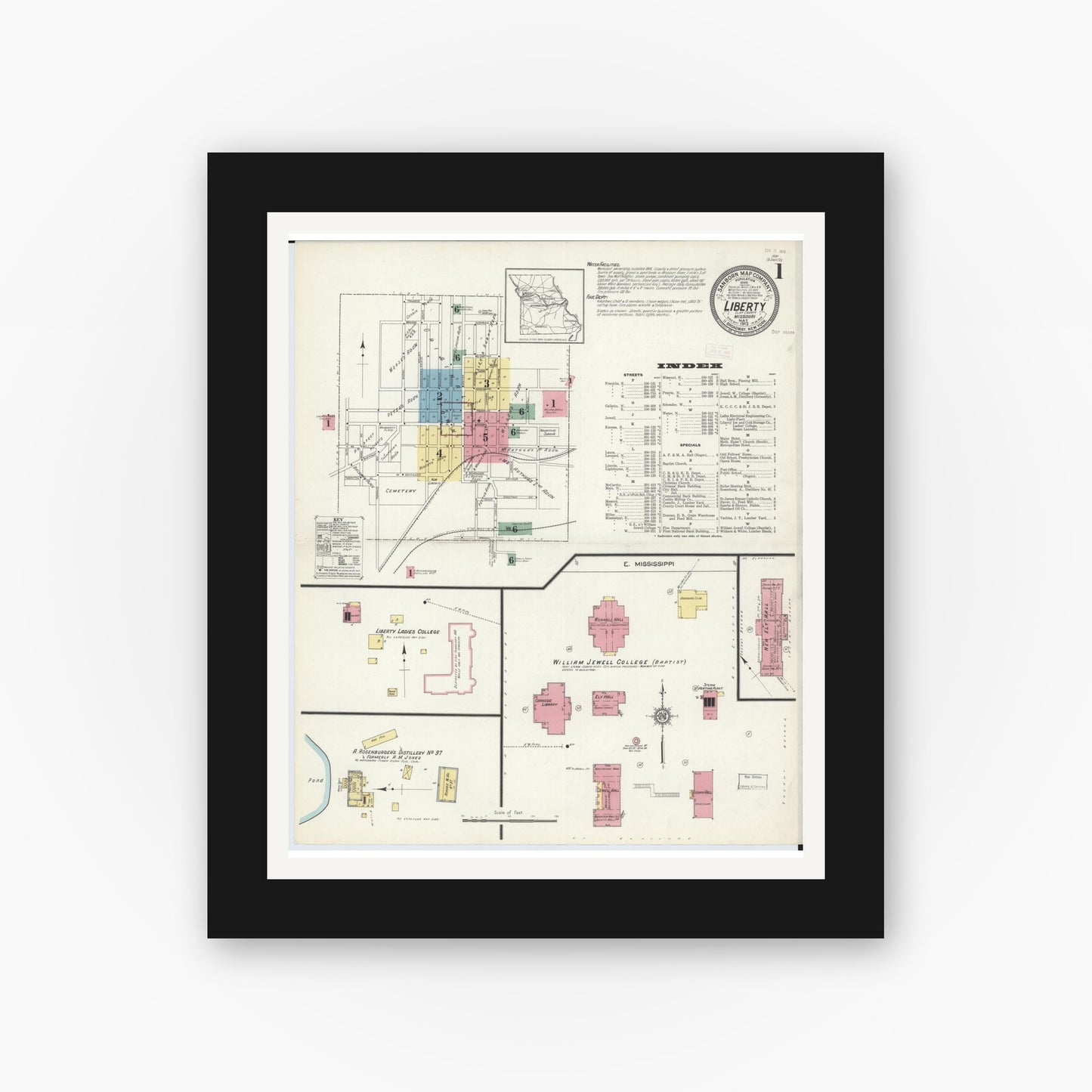 Old map wall art mockup — black gallery frame with white mat — Sanborn Fire Insurance Map from Liberty, Clay County, Missouri (1913), Sheet #0001