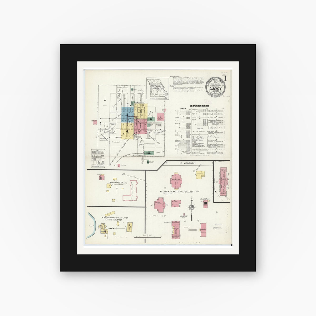 Old map wall art mockup — black gallery frame with white mat — Sanborn Fire Insurance Map from Liberty, Clay County, Missouri (1913), Sheet #0001