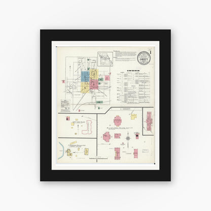 Old map wall art mockup — black gallery frame with white mat — Sanborn Fire Insurance Map from Liberty, Clay County, Missouri (1913), Sheet #0001