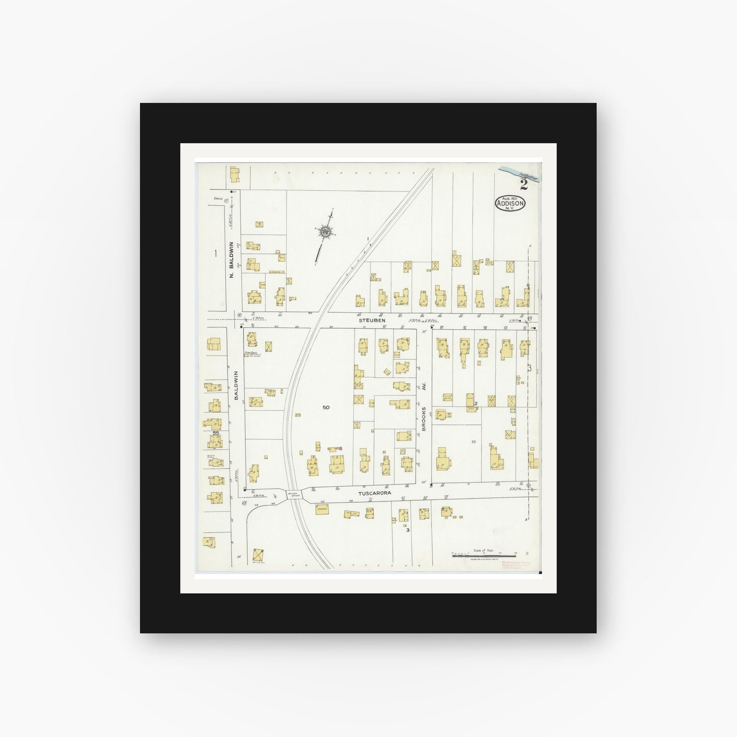 Old map wall art mockup — black gallery frame with white mat — Sanborn Fire Insurance Map from Addison, Steuben County, New York (1921), Sheet #0002