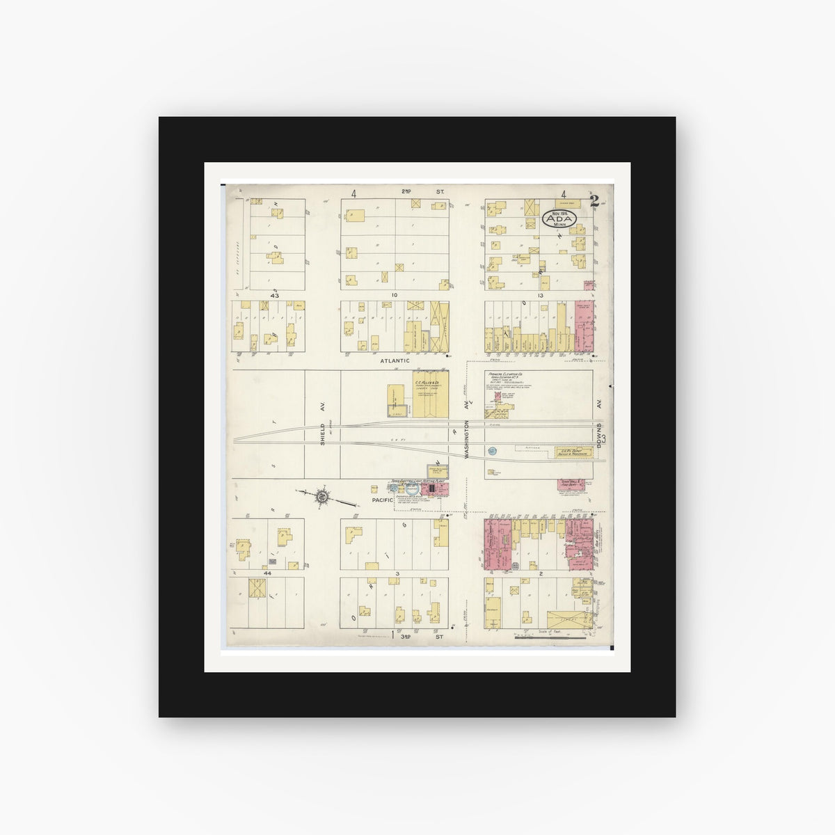 Old map wall art mockup — black gallery frame with white mat — Sanborn Fire Insurance Map from Ada, Norman County, Minnesota (1916), Sheet #0002