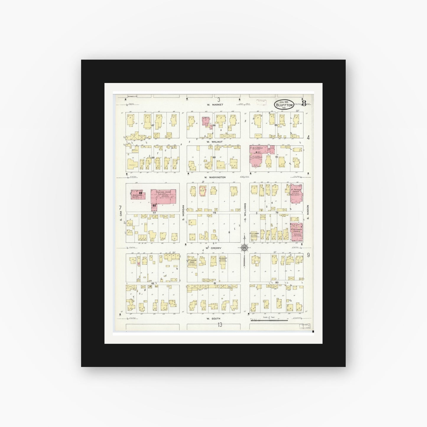 Old map wall art mockup — black gallery frame with white mat — Sanborn Fire Insurance Map from Bluffton, Wells County, Indiana (1912), Sheet #0008