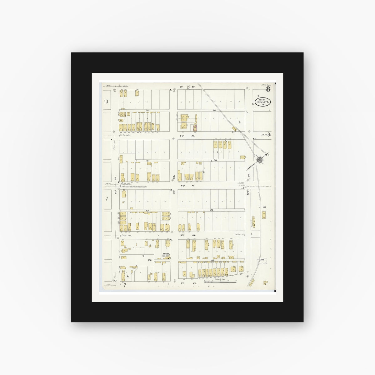 Old map wall art mockup — black gallery frame with white mat — Sanborn Fire Insurance Map from Juniata, Blair County, Pennsylvania (1910), Sheet #0008
