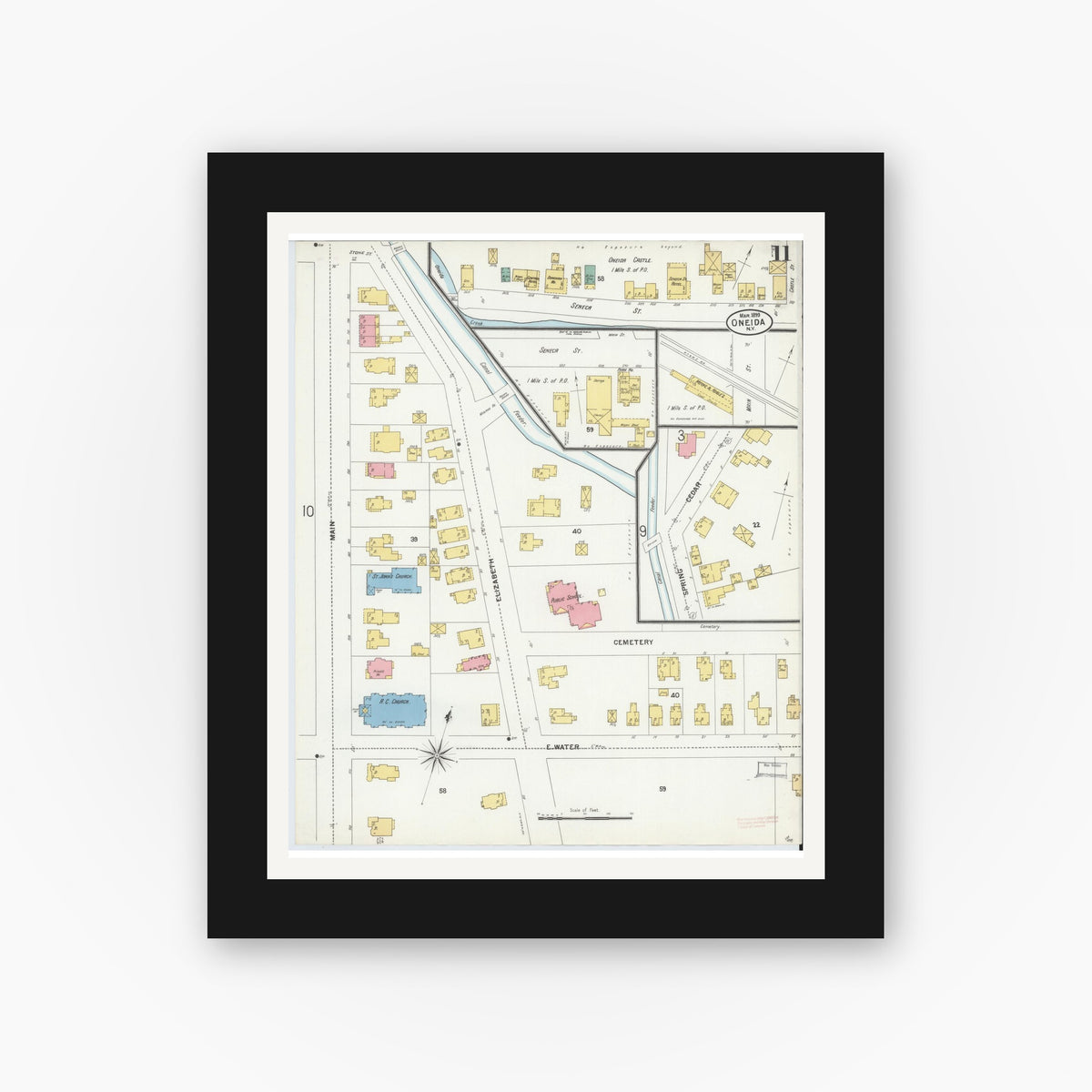 Old map wall art mockup — black gallery frame with white mat — Sanborn Fire Insurance Map from Oneida, Madison County, New York (1899), Sheet #0011