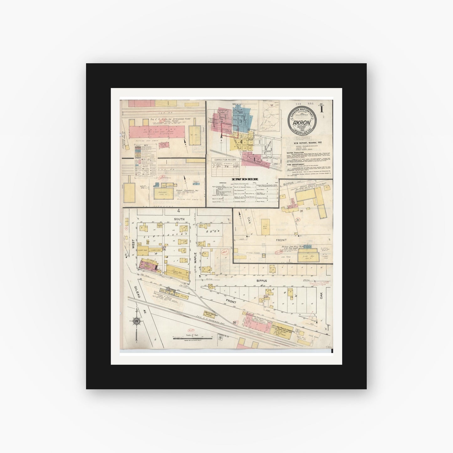 Old map wall art mockup — black gallery frame with white mat — Sanborn Fire Insurance Map from Akron, Fulton County, Indiana (1932) - Complete Map Set