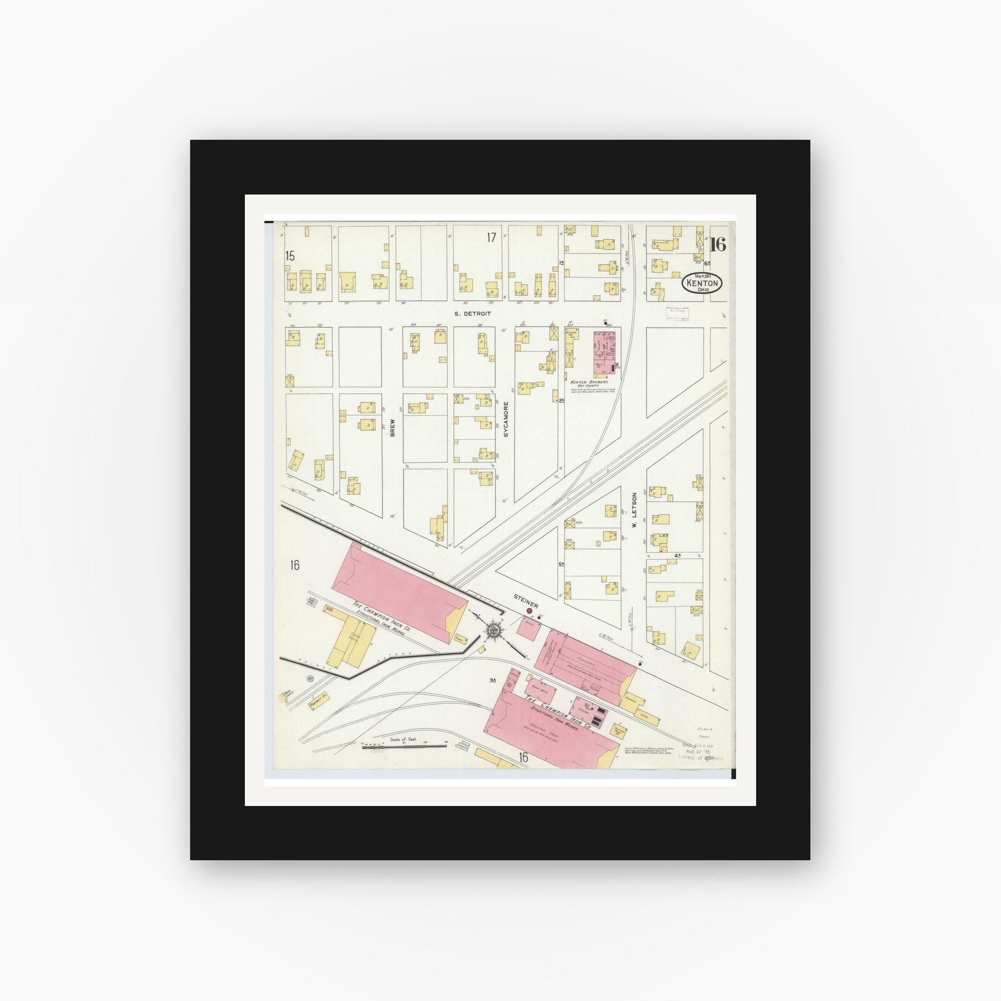 Old map wall art mockup — black gallery frame with white mat — Sanborn Fire Insurance Map from Kenton, Hardin County, Ohio (1911), Sheet #0016