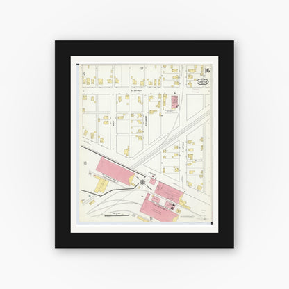 Old map wall art mockup — black gallery frame with white mat — Sanborn Fire Insurance Map from Kenton, Hardin County, Ohio (1911), Sheet #0016