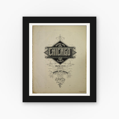 Old map wall art mockup — black gallery frame with white mat — Sanborn Fire Insurance Map from Chicago, Cook County, Illinois (1917), Sheet #0001