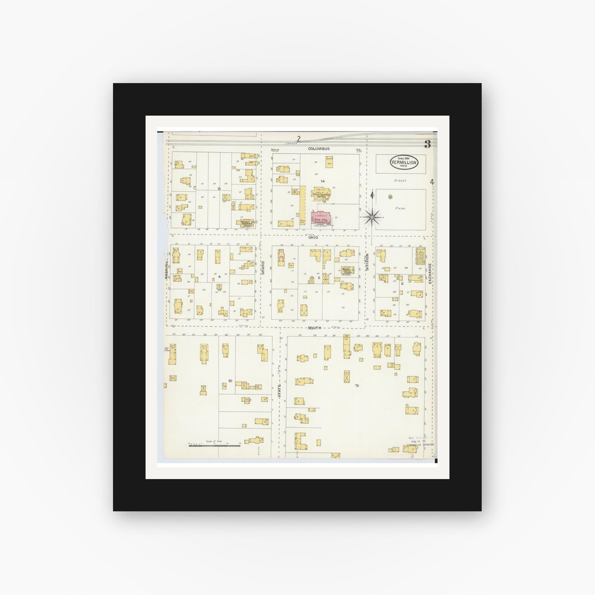 Old map wall art mockup — black gallery frame with white mat — Sanborn Fire Insurance Map from Vermillion, Erie County, Ohio (1904), Sheet #0003