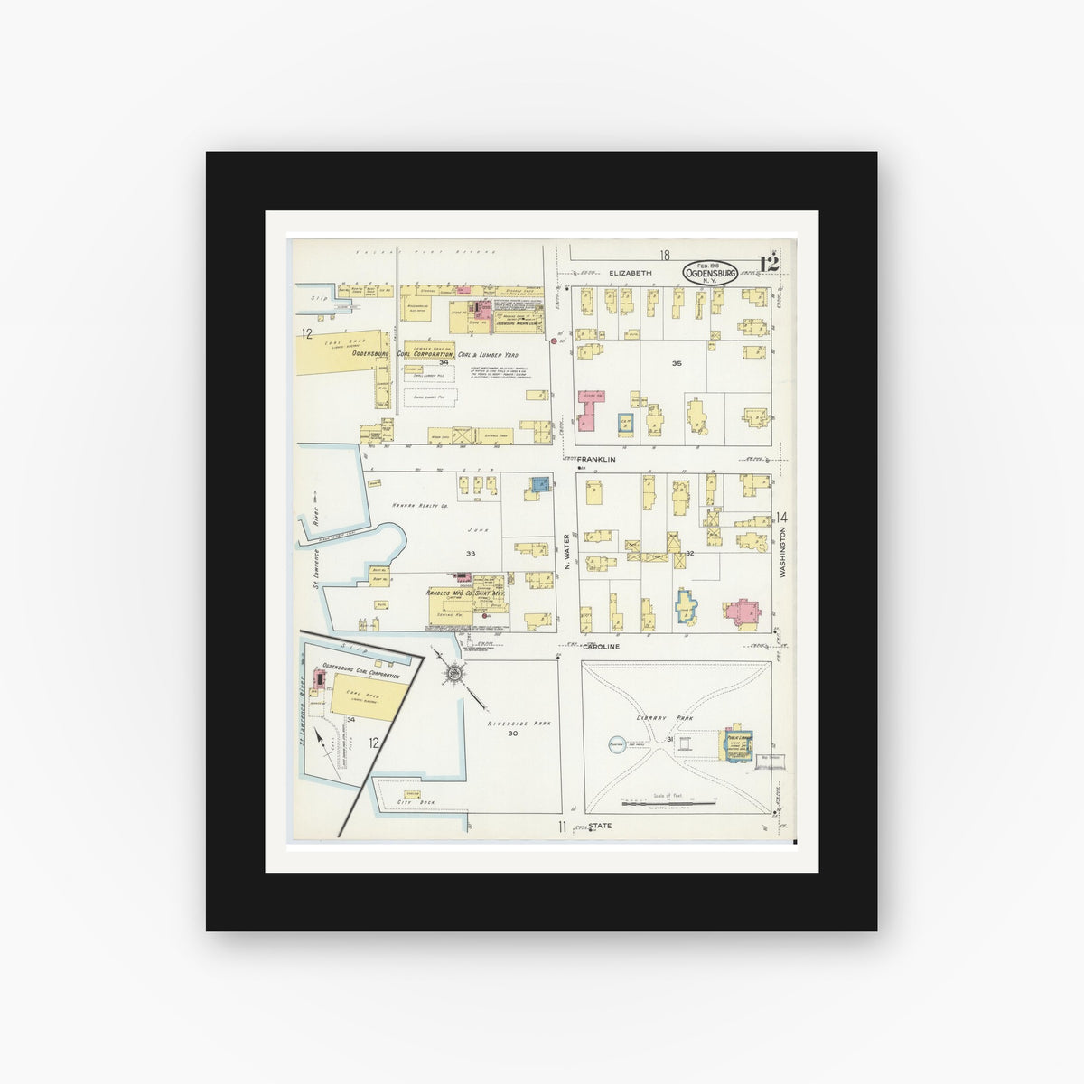 Old map wall art mockup — black gallery frame with white mat — Sanborn Fire Insurance Map from Ogdensburg, St. Lawrence County, New York (1918), Sheet #0012