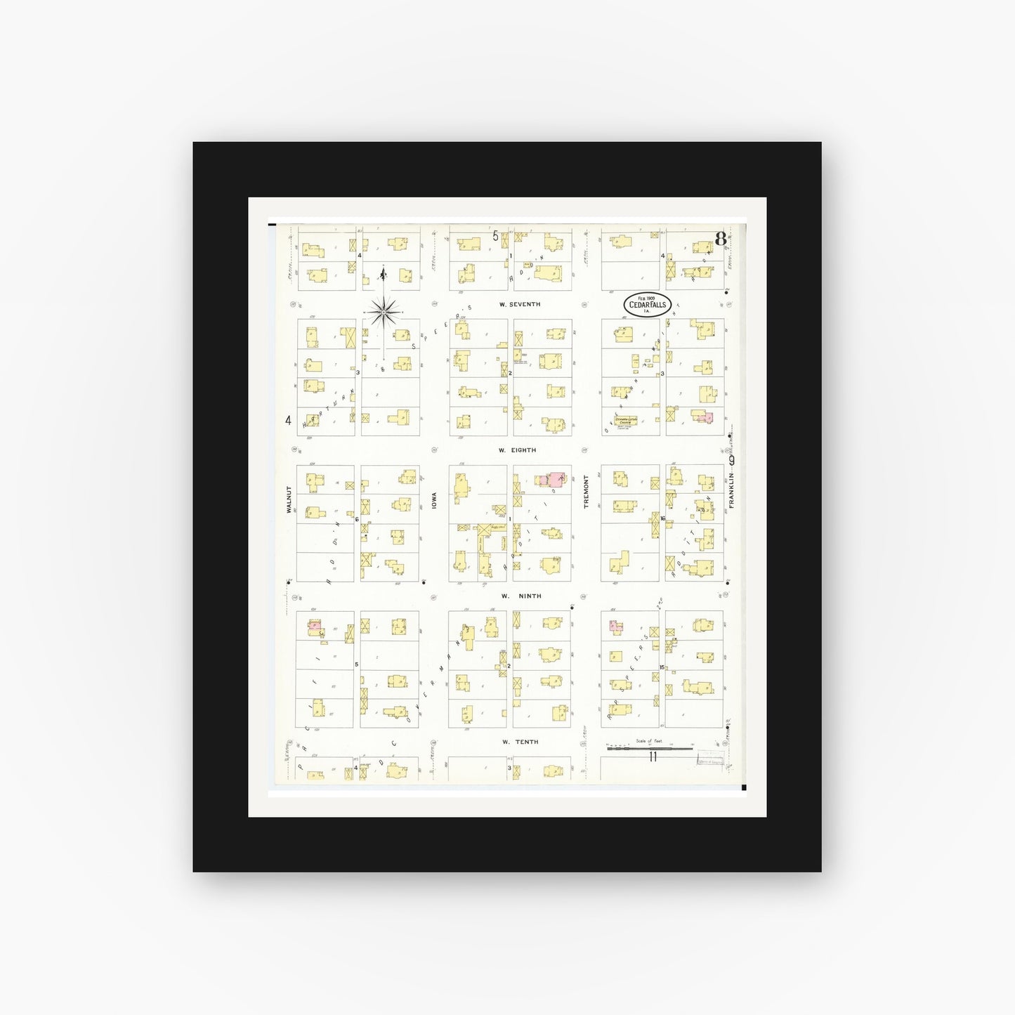 Old map wall art mockup — black gallery frame with white mat — Sanborn Fire Insurance Map from Cedar Falls, Black Hawk County, Iowa (1909), Sheet #0008