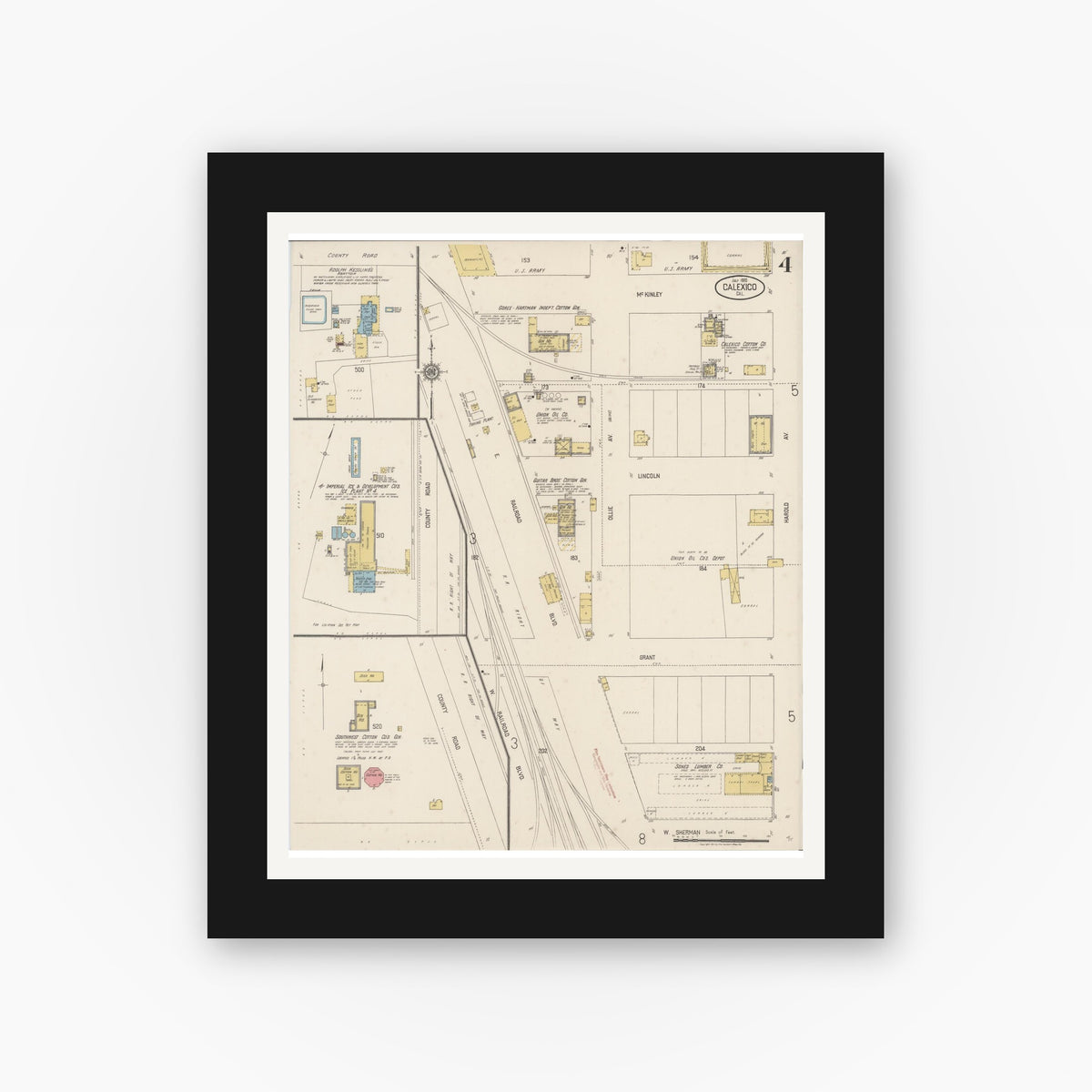 Old map wall art mockup — black gallery frame with white mat — Sanborn Fire Insurance Map from Calexico, Imperial County, California (1920), Sheet #0004