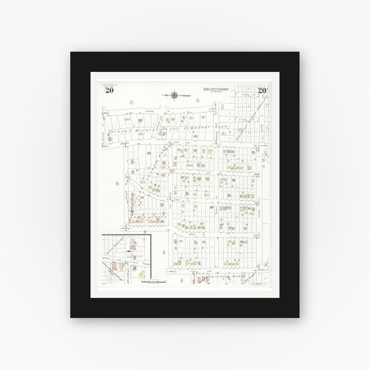 Old map wall art mockup — black gallery frame with white mat — Sanborn Fire Insurance Map from Glen Ellyn, Du Page County, Illinois (1940), Sheet #0020