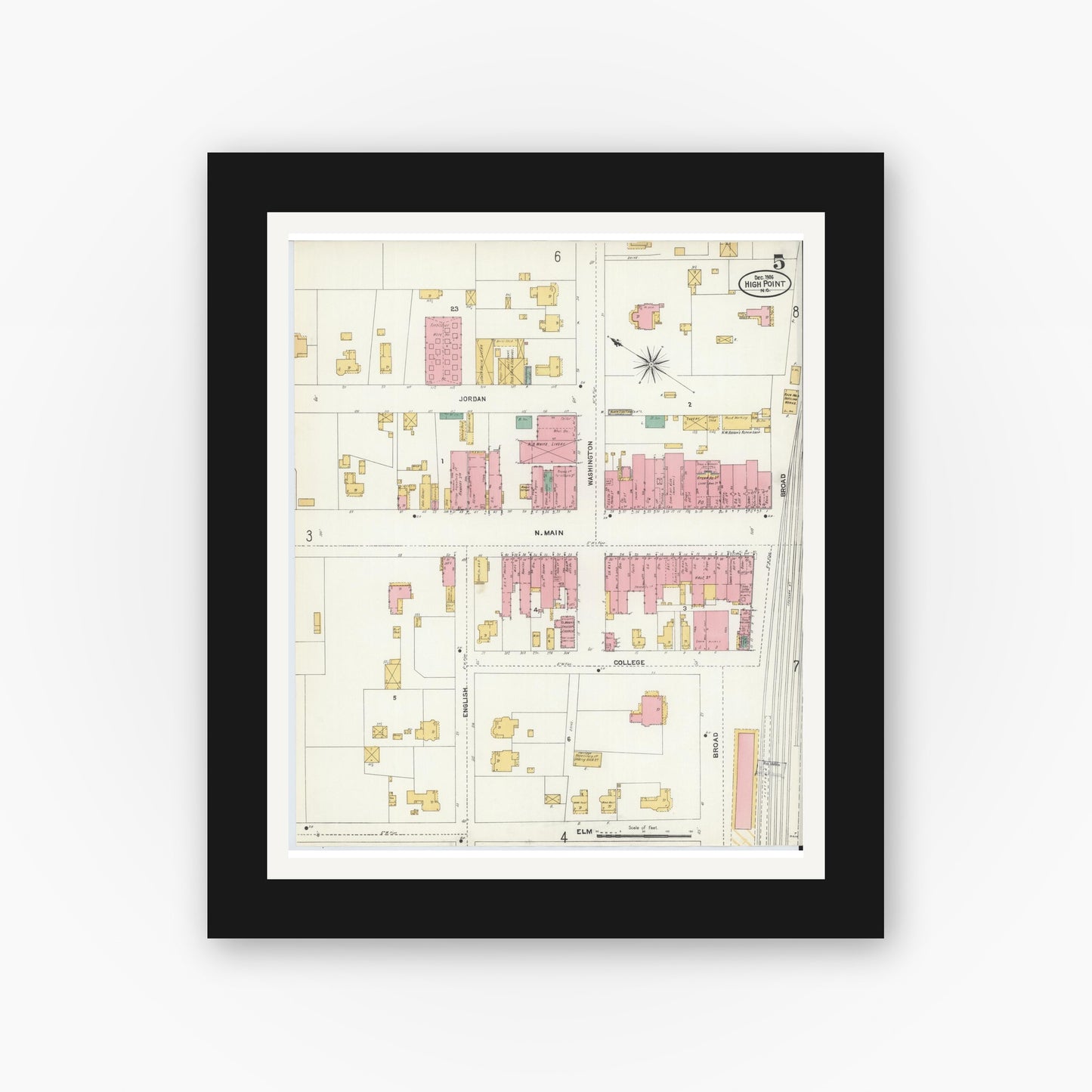 Old map wall art mockup — black gallery frame with white mat — Sanborn Fire Insurance Map from High Point, Guilford County, North Carolina (1906), Sheet #0005