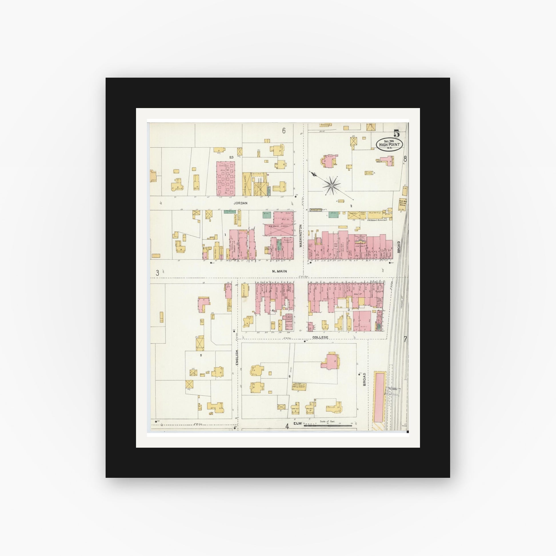 Old map wall art mockup — black gallery frame with white mat — Sanborn Fire Insurance Map from High Point, Guilford County, North Carolina (1906), Sheet #0005