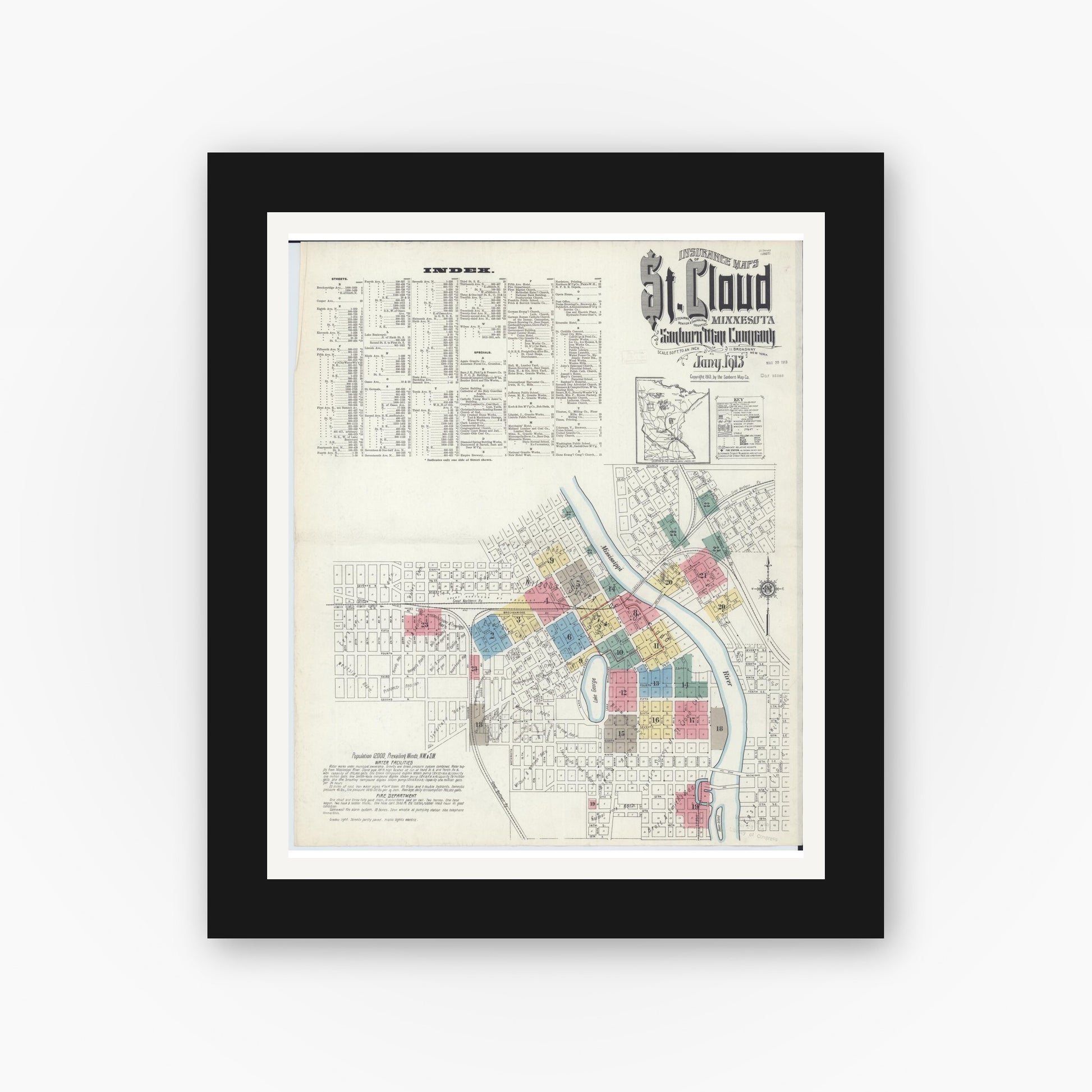 Old map wall art mockup — black gallery frame with white mat — Sanborn Fire Insurance Map from Saint Cloud, Stearns, Benton, and Sherburne Counties, Minnesota (1913) - Complete Map Set