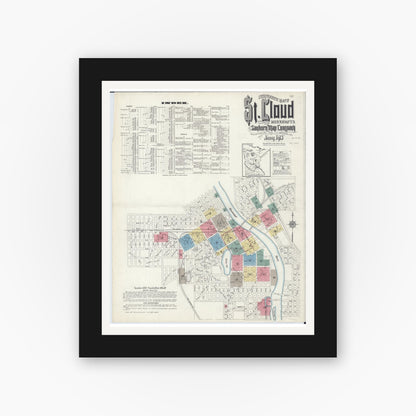 Old map wall art mockup — black gallery frame with white mat — Sanborn Fire Insurance Map from Saint Cloud, Stearns, Benton, and Sherburne Counties, Minnesota (1913) - Complete Map Set
