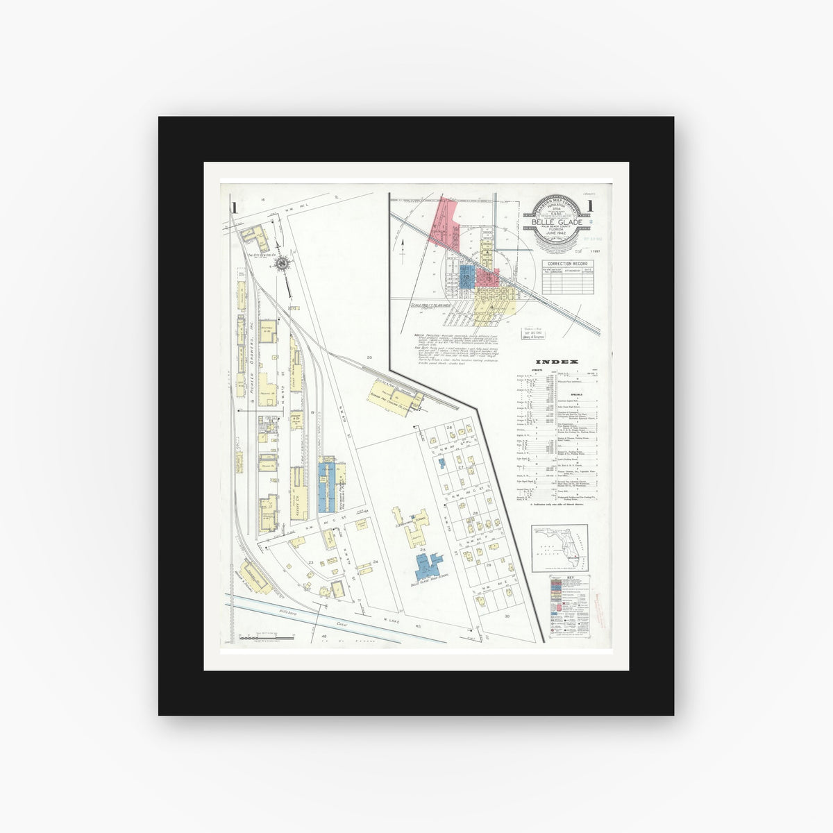 Old map wall art mockup — black gallery frame with white mat — Sanborn Fire Insurance Map from Belle Glade, Palm Beach County, Florida (1942) - Complete Map Set