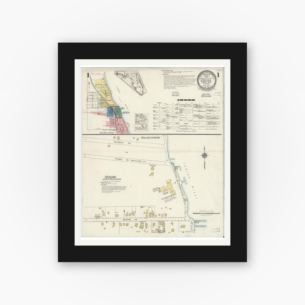 Old map wall art mockup — black gallery frame with white mat — Sanborn Fire Insurance Map from Cocoa, Brevard County, Florida (1924), Sheet #0001