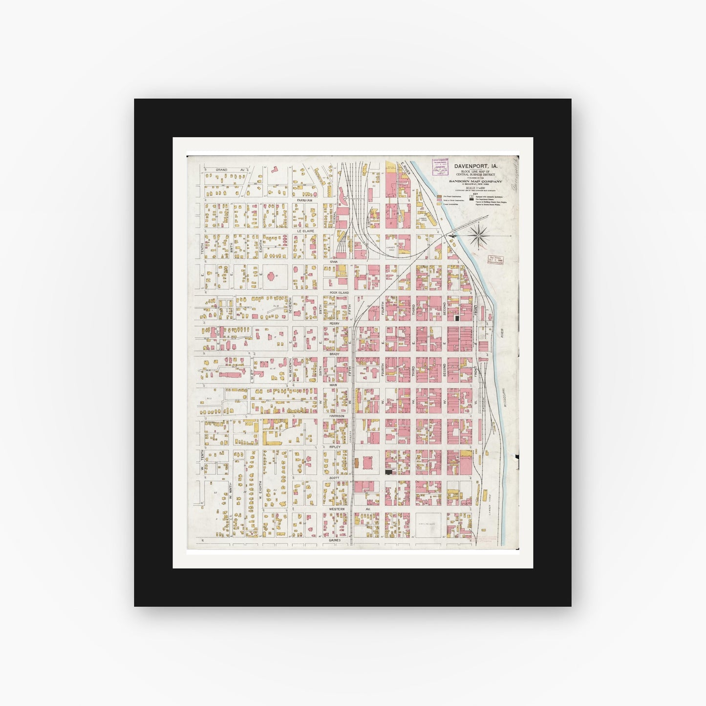 Old map wall art mockup — black gallery frame with white mat — Sanborn Fire Insurance Map from Davenport, Scott County, Iowa (1906), Sheet #0001