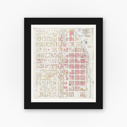Old map wall art mockup — black gallery frame with white mat — Sanborn Fire Insurance Map from Davenport, Scott County, Iowa (1906), Sheet #0001