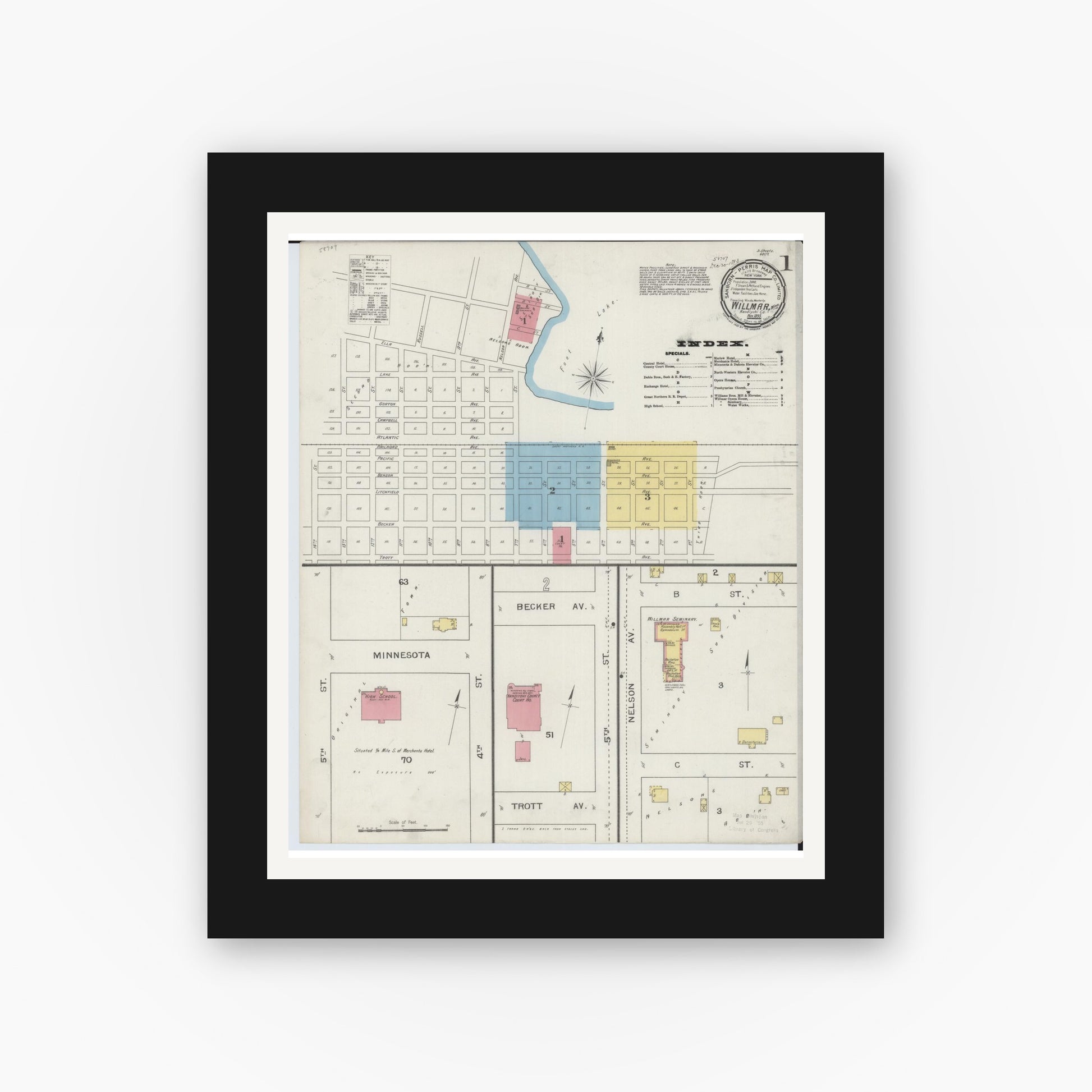 Old map wall art mockup — black gallery frame with white mat — Sanborn Fire Insurance Map from Willmar, Kandiyohi County, Minnesota (1893) - Complete Map Set