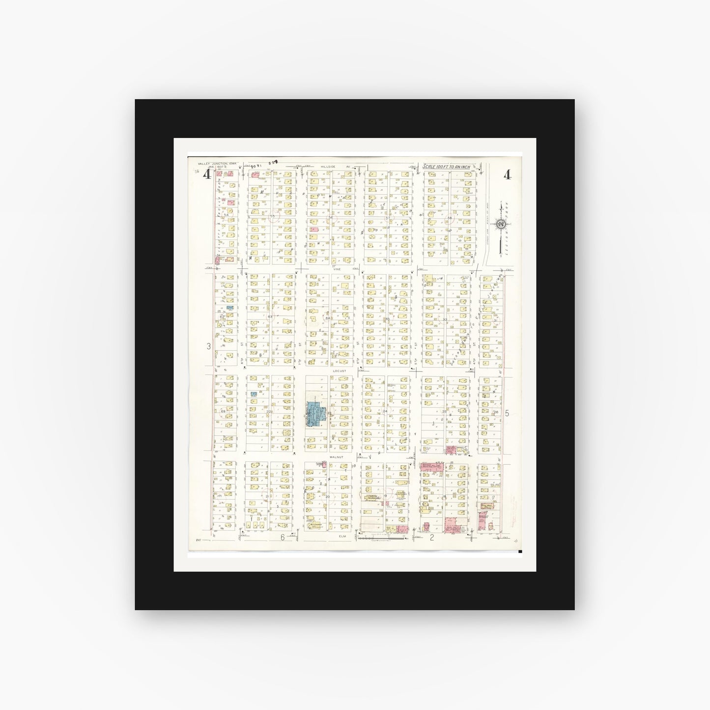 Old map wall art mockup — black gallery frame with white mat — Sanborn Fire Insurance Map from Valley Junction, Polk County, Iowa (1941), Sheet #0004