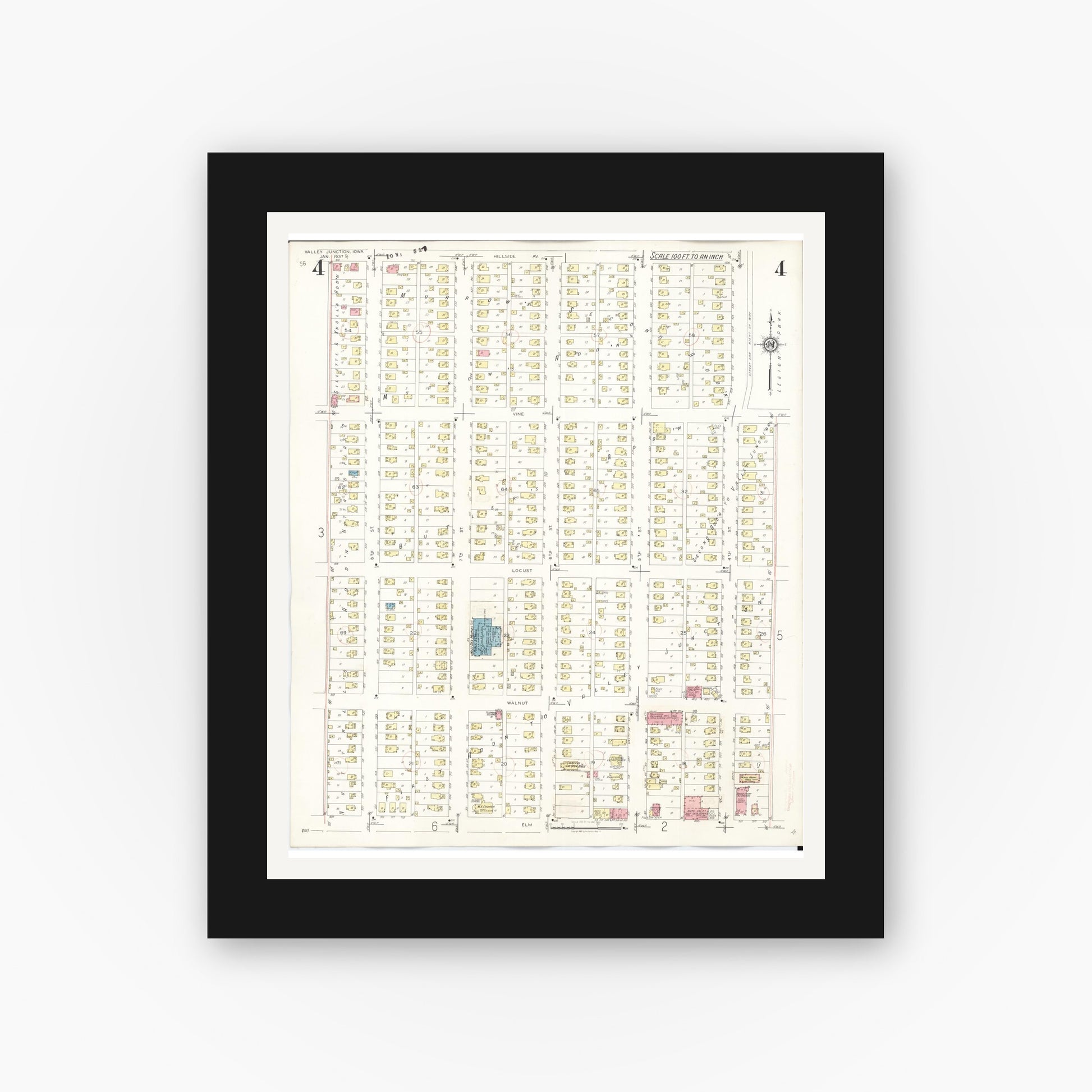 Old map wall art mockup — black gallery frame with white mat — Sanborn Fire Insurance Map from Valley Junction, Polk County, Iowa (1941), Sheet #0004