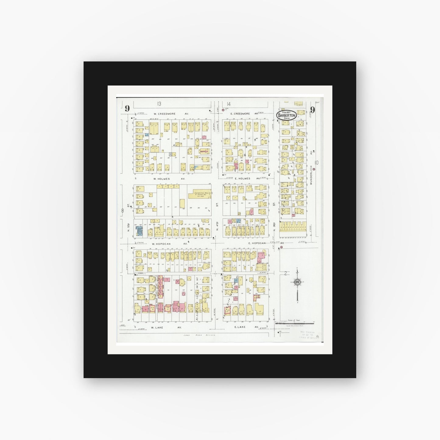 Old map wall art mockup — black gallery frame with white mat — Sanborn Fire Insurance Map from Barberton, Summit County, Ohio (1927), Sheet #0009