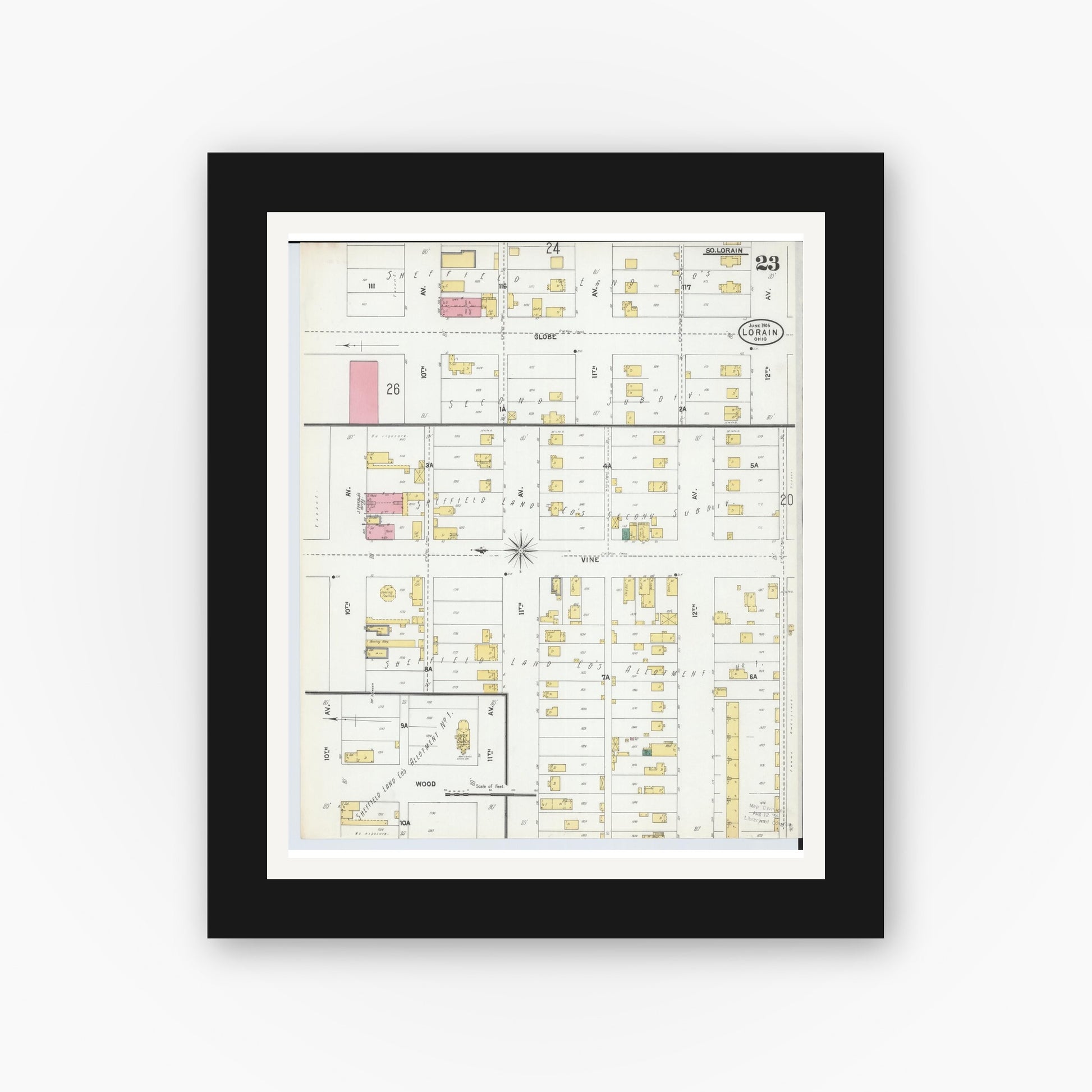 Old map wall art mockup — black gallery frame with white mat — Sanborn Fire Insurance Map from Lorain, Lorain County, Ohio (1905), Sheet #0023