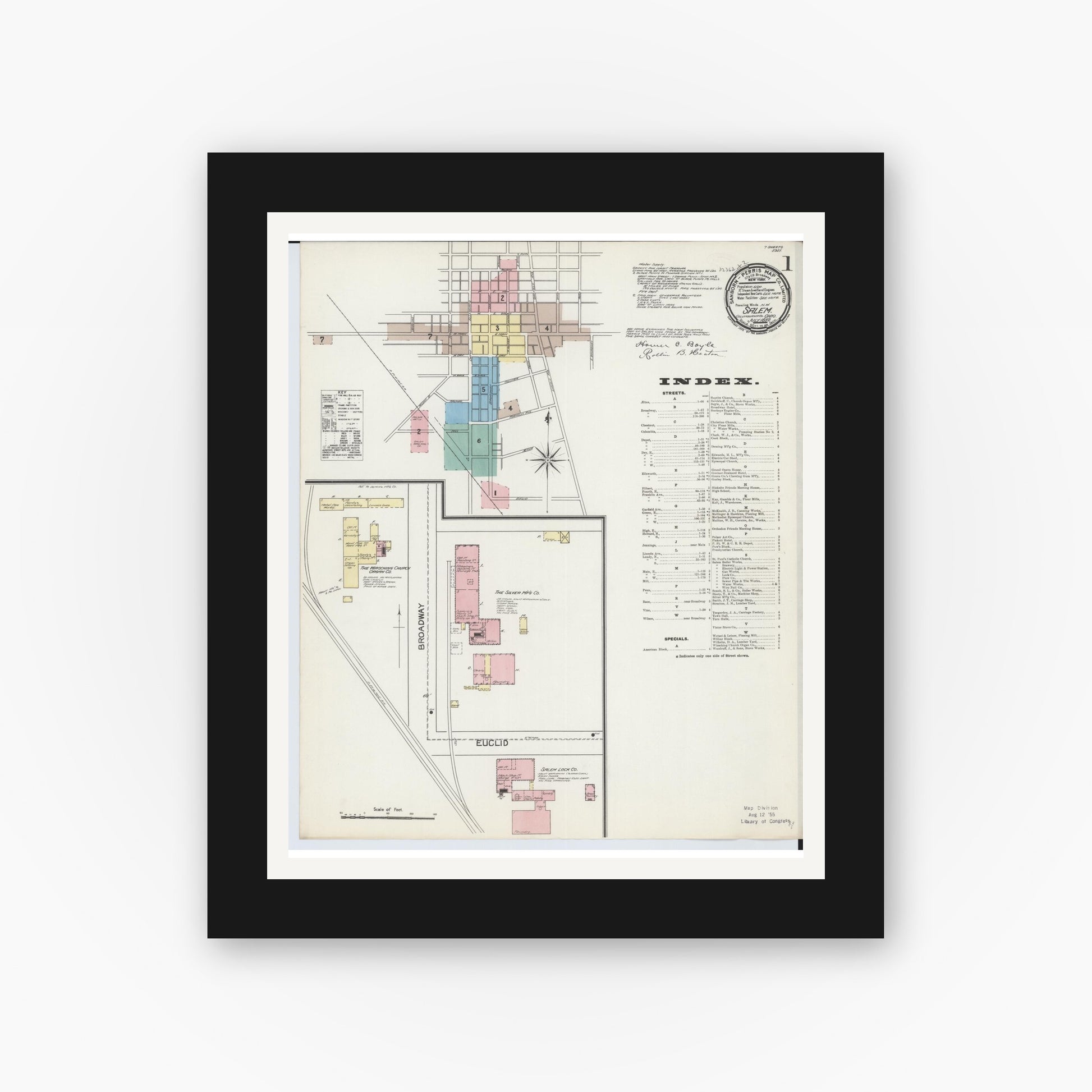 Old map wall art mockup — black gallery frame with white mat — Sanborn Fire Insurance Map from Salem, Columbiana County, Ohio (1892) - Complete Map Set