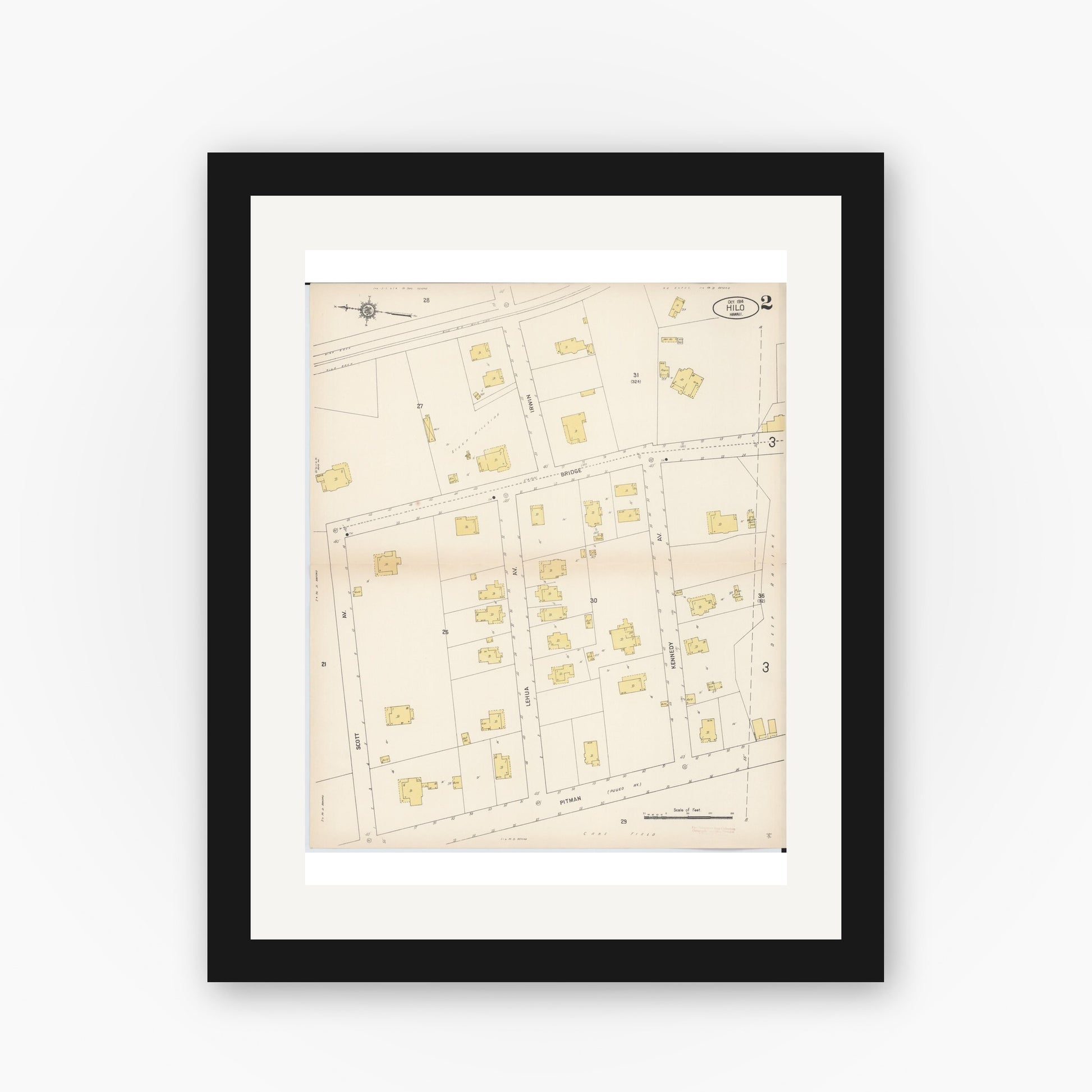 Old map wall art mockup — black gallery frame with white mat — Sanborn Fire Insurance Map from Hilo, Hawaii County, Hawaii (1914), Sheet #0002