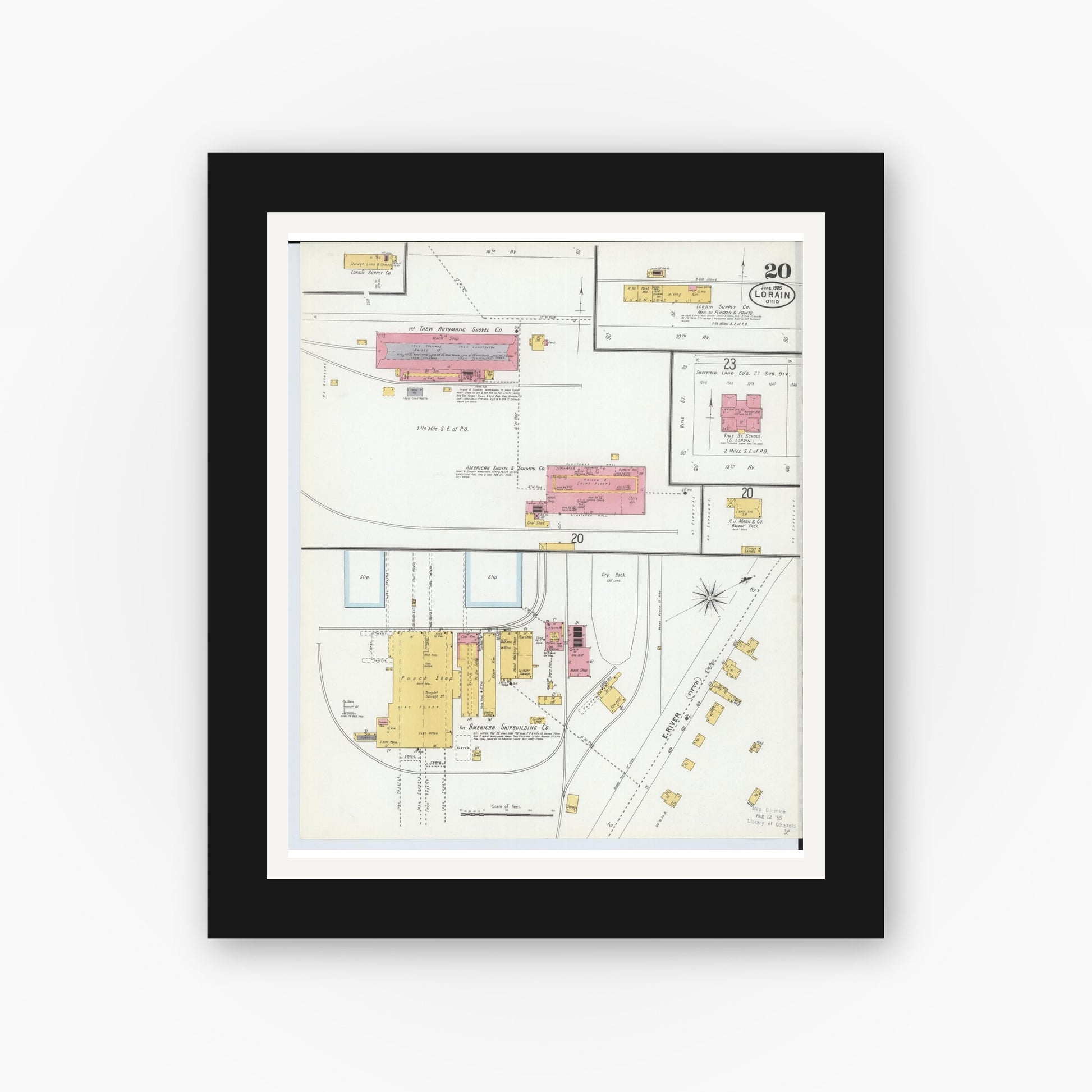Old map wall art mockup — black gallery frame with white mat — Sanborn Fire Insurance Map from Lorain, Lorain County, Ohio (1905), Sheet #0020