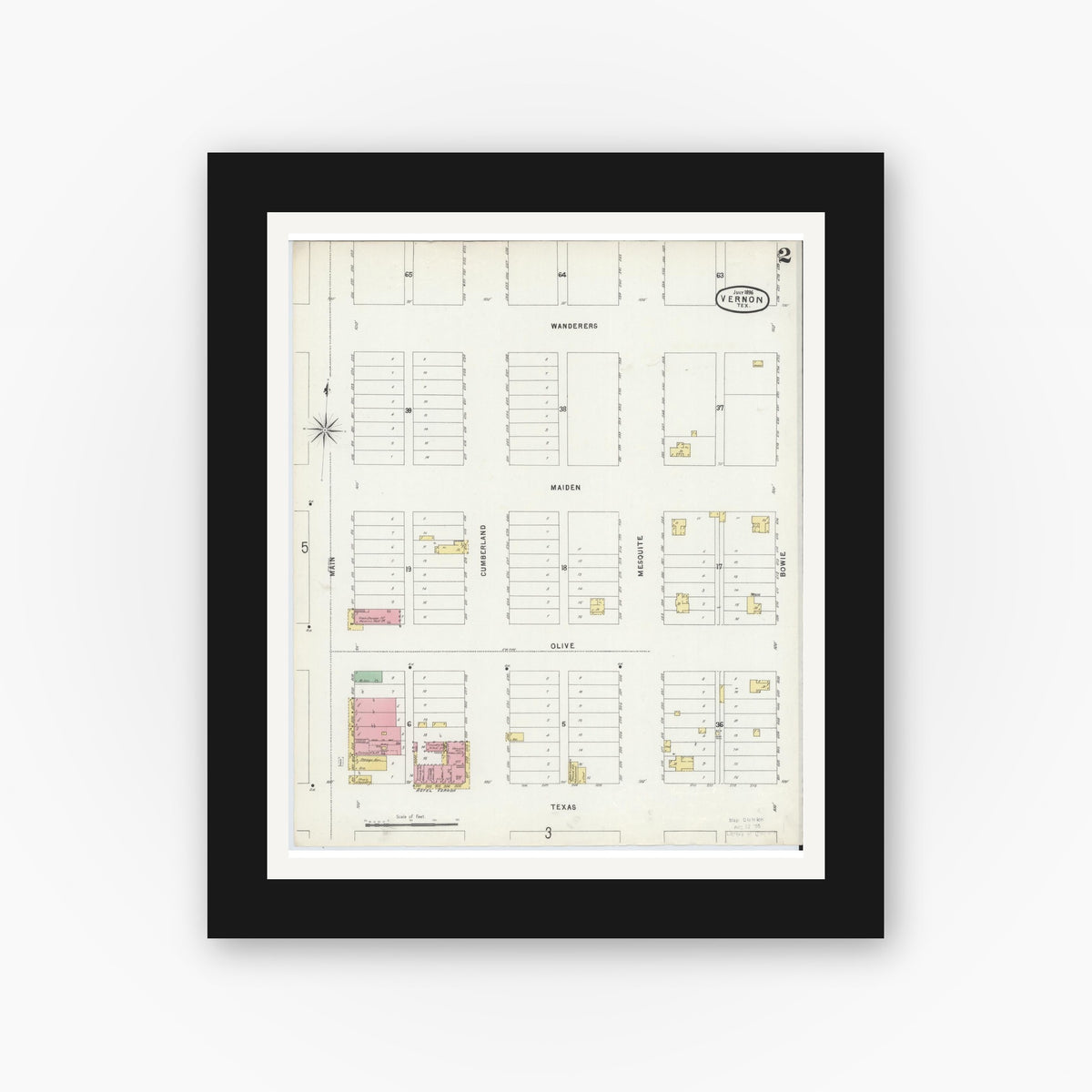 Old map wall art mockup — black gallery frame with white mat — Sanborn Fire Insurance Map from Vernon, Wilbarger County, Texas (1896), Sheet #0002