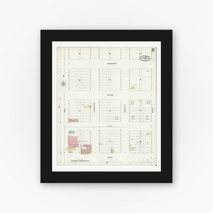 Old map wall art mockup — black gallery frame with white mat — Sanborn Fire Insurance Map from Vernon, Wilbarger County, Texas (1896), Sheet #0002