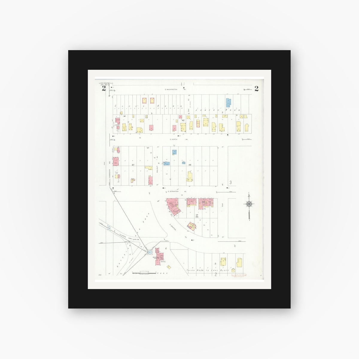 Old map wall art mockup — black gallery frame with white mat — Sanborn Fire Insurance Map from Lake Bluff, Lake County, Illinois (1937), Sheet #0002