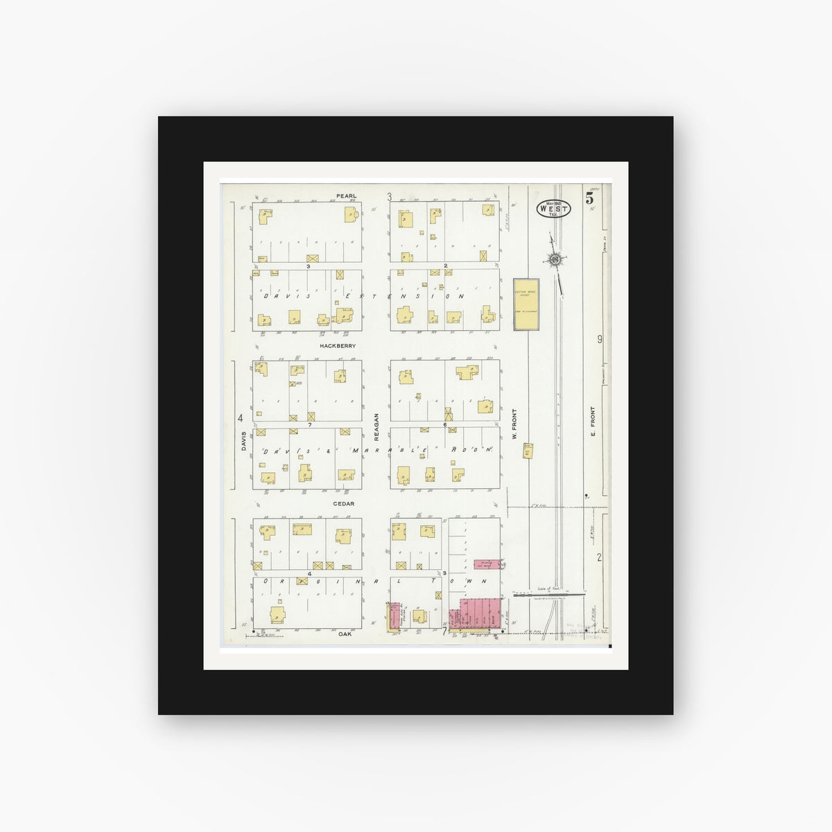 Old map wall art mockup — black gallery frame with white mat — Sanborn Fire Insurance Map from West, McLennan County, Texas (1921), Sheet #0005