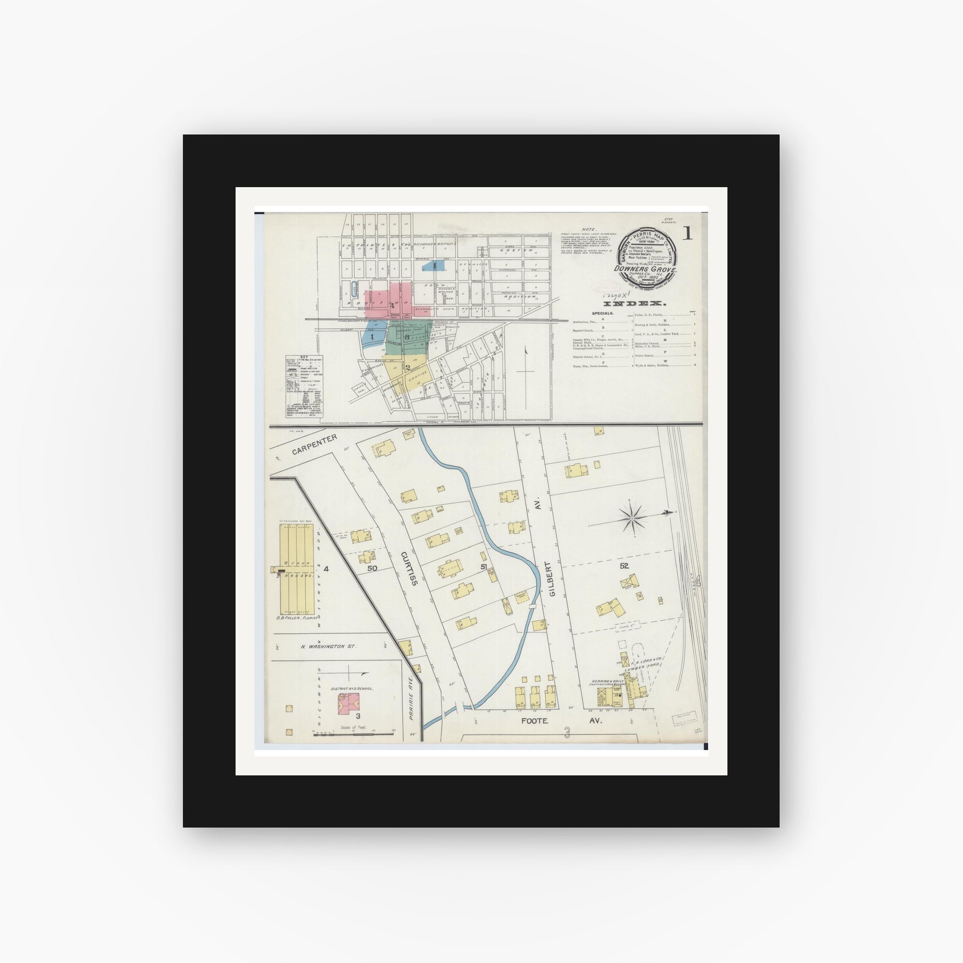 Old map wall art mockup — black gallery frame with white mat — Sanborn Fire Insurance Map from Downers Grove, Dupage County, Illinois (1892), Sheet #0001