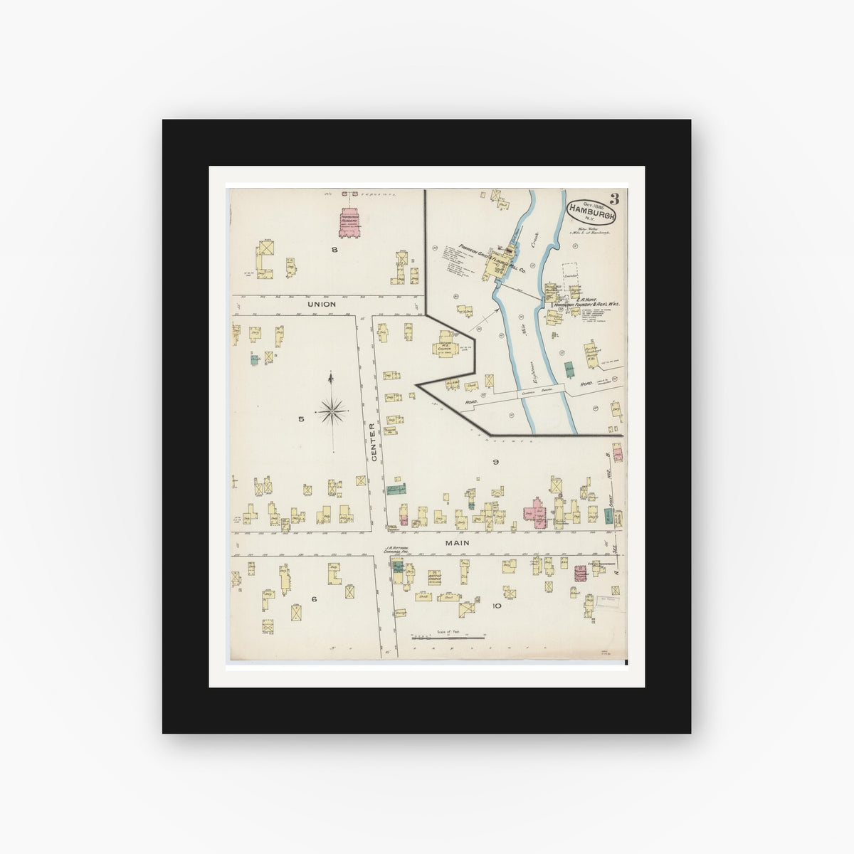 Old map wall art mockup — black gallery frame with white mat — Sanborn Fire Insurance Map from Hamburg, Erie County, New York (1885), Sheet #0003
