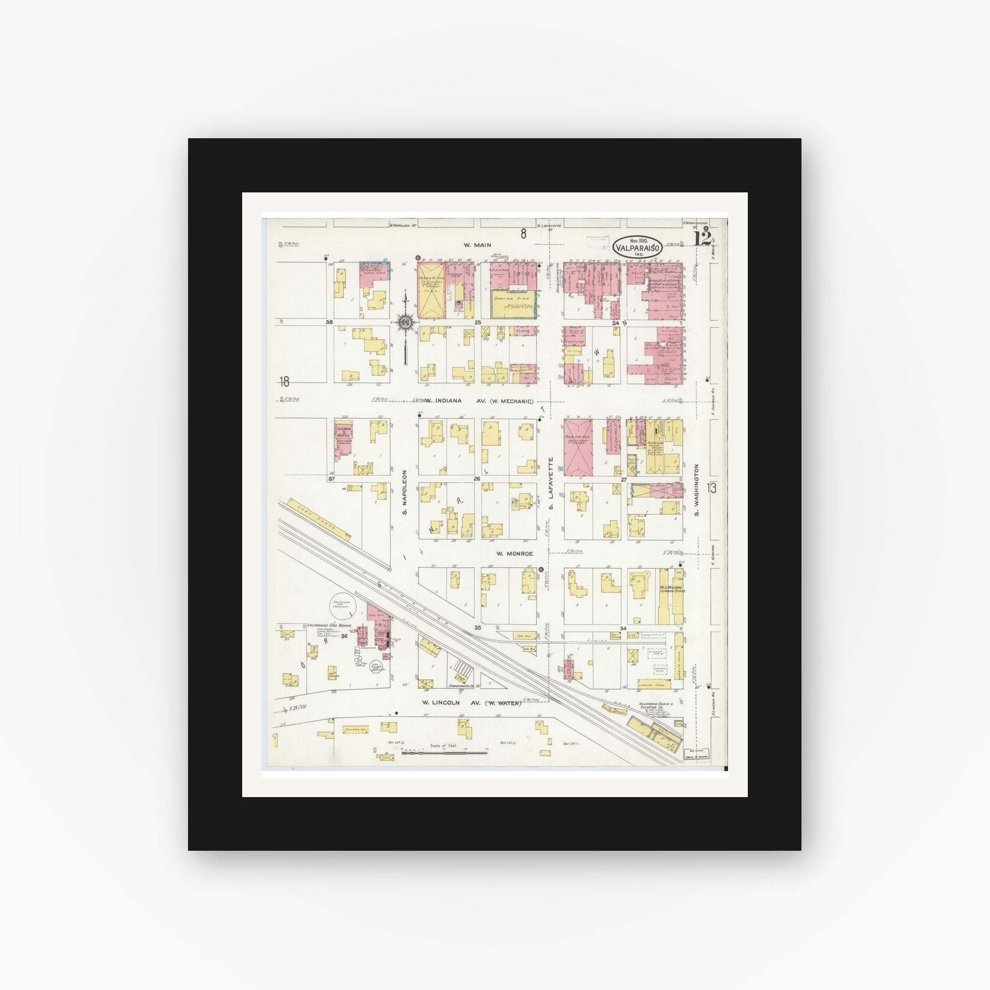 Old map wall art mockup — black gallery frame with white mat — Sanborn Fire Insurance Map from Valparaiso, Porter County, Indiana (1910), Sheet #0012