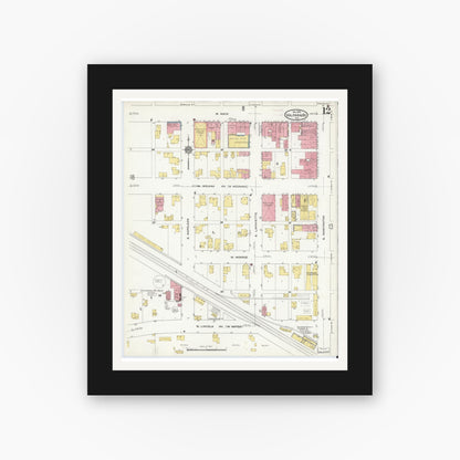 Old map wall art mockup — black gallery frame with white mat — Sanborn Fire Insurance Map from Valparaiso, Porter County, Indiana (1910), Sheet #0012