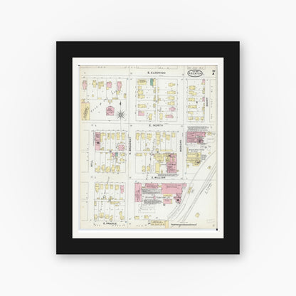 Old map wall art mockup — black gallery frame with white mat — Sanborn Fire Insurance Map from Decatur, Macon County, Illinois (1892), Sheet #0007