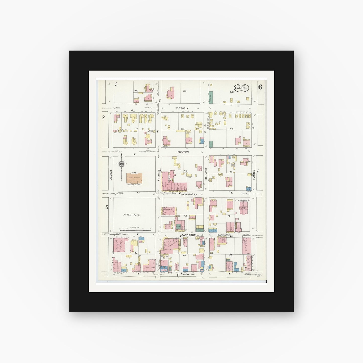 Old map wall art mockup — black gallery frame with white mat — Sanborn Fire Insurance Map from Laredo, Webb County, Texas (1909), Sheet #0006