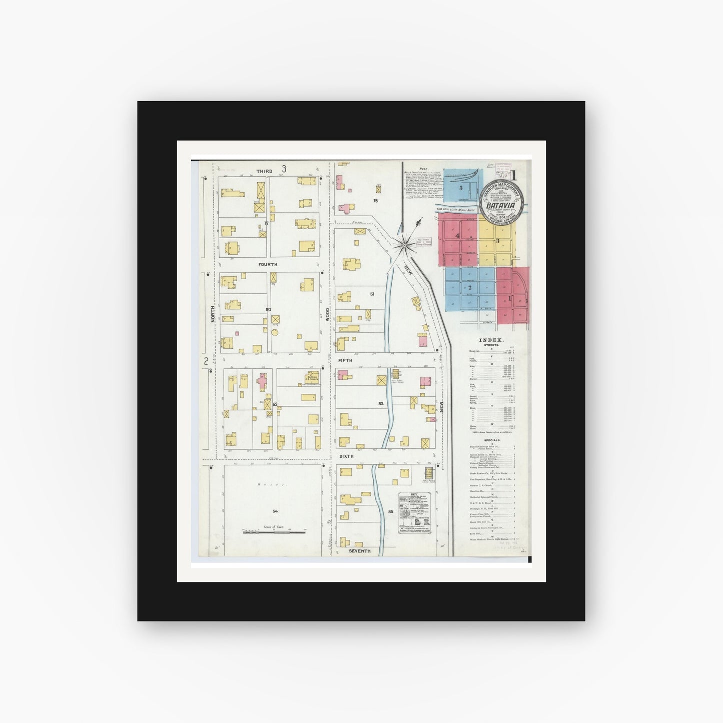 Old map wall art mockup — black gallery frame with white mat — Sanborn Fire Insurance Map from Batavia, Clermont County, Ohio (1904) - Complete Map Set
