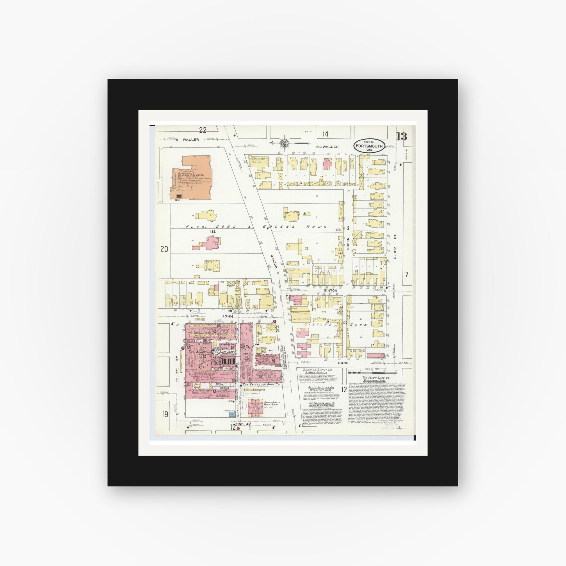 Old map wall art mockup — black gallery frame with white mat — Sanborn Fire Insurance Map from Portsmouth, Scioto County, Ohio (1911), Sheet #0013