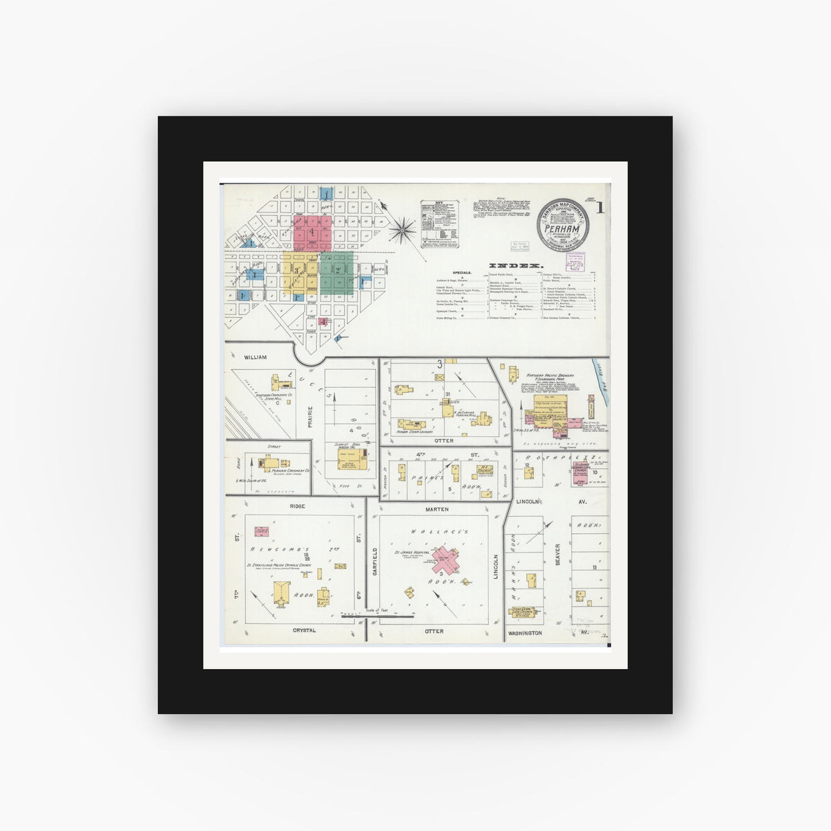 Old map wall art mockup — black gallery frame with white mat — Sanborn Fire Insurance Map from Perham, Otter Tail County, Minnesota (1904), Sheet #0001