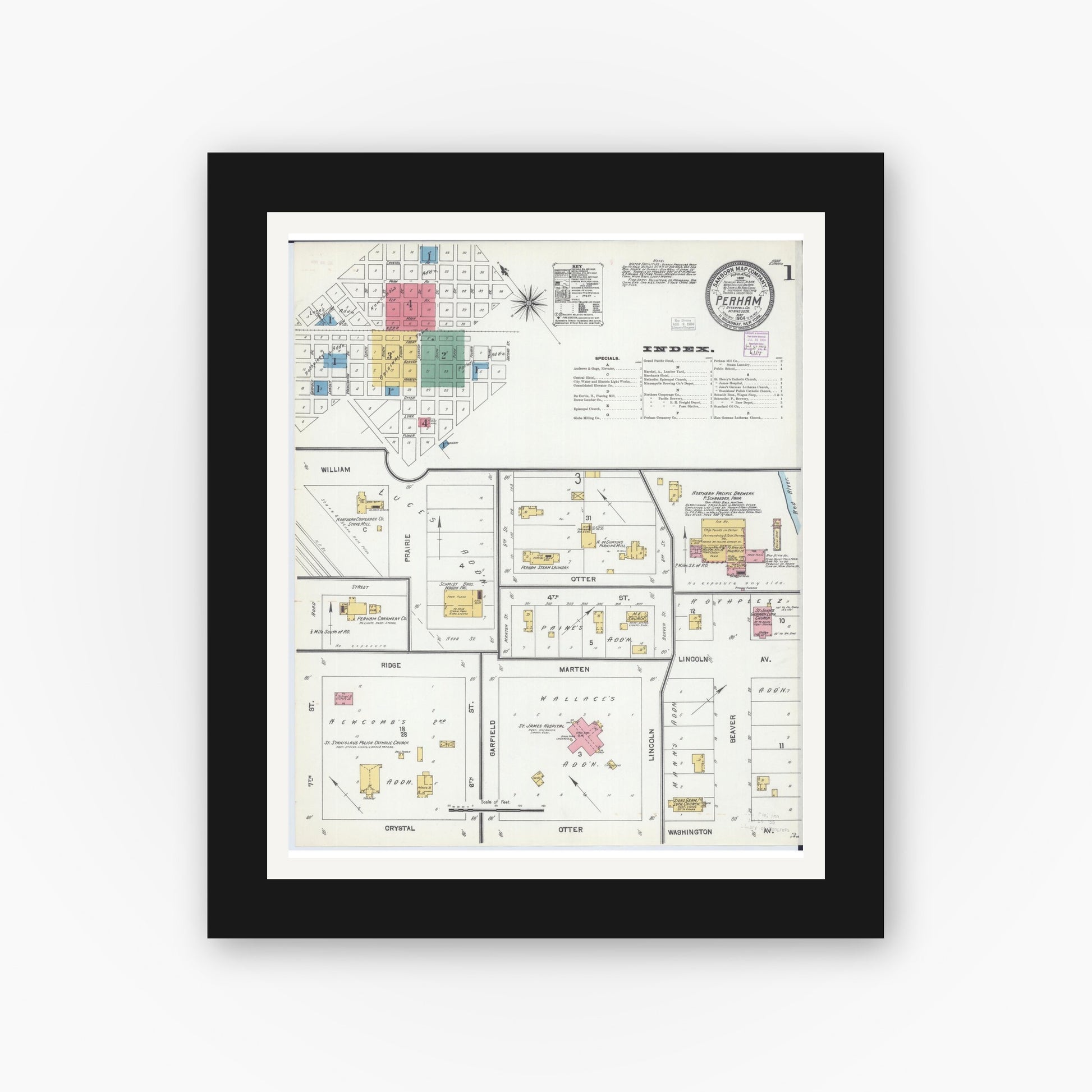 Old map wall art mockup — black gallery frame with white mat — Sanborn Fire Insurance Map from Perham, Otter Tail County, Minnesota (1904), Sheet #0001
