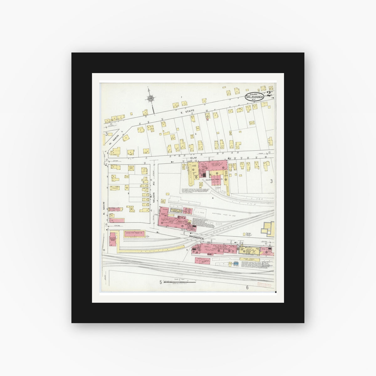 Old map wall art mockup — black gallery frame with white mat — Sanborn Fire Insurance Map from Salamanca, Cattaraugus County, New York (1918), Sheet #0002