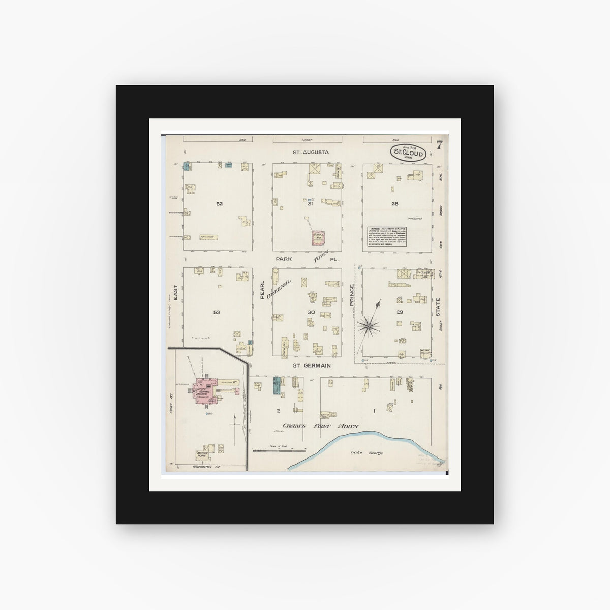 Old map wall art mockup — black gallery frame with white mat — Sanborn Fire Insurance Map from Saint Cloud, Stearns, Benton, and Sherburne Counties, Minnesota (1884), Sheet #0007